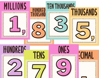Könnte beinhalten: Eine farbenfrohe Tabelle mit der Zahl 1.835.279 im Retro-Disco-Stil. Jede Ziffer befindet sich in einem separaten Feld mit einer anderen Farbe und einem glitzernden goldenen Rand. Die Wörter "Millionen", "Hunderttausend", "Zehntausend", "Tausend", "Hunderter", "Zehner", "Einer" und "Dezimal" stehen über den Feldern.