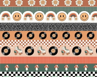 May include: A digital collage of retro-themed patterns and graphics. The text "GROOVY VINTAGE" is at the top of the image. The patterns include smiley faces, rainbows, chequered patterns, mushrooms, and roller skates.