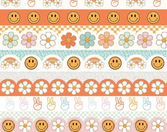 May include: A digital graphic sheet titled GROOVY BOHO volume II featuring repeating horizontal patterns of smiley faces, daisies, rainbows, peace signs, and checkered motifs in a palette of orange, pink, teal, and white.