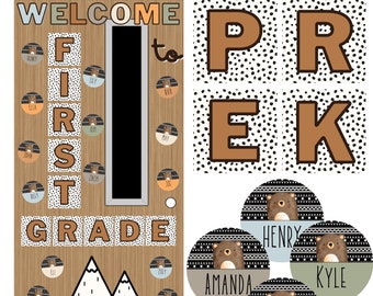 May include: A classroom decor set with an "Adventure Collection" theme. The design includes a welcome board for first grade, Pre-K letters, and name tags with bear illustrations. The colour palette features brown, white, and black.