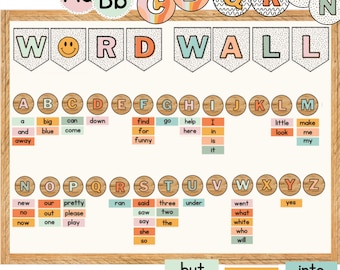 May include: A colorful word wall with a groovy boho theme. The letters are in a variety of colors and patterns, and there are also some cute illustrations. The word wall includes the alphabet, sight words, and some common words. The words are arranged in a grid pattern, and the letters are in a variety of fonts.