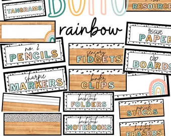 Moderne Boho Regenbogen Klassenzimmer Zubehör Etiketten [editierbar]
