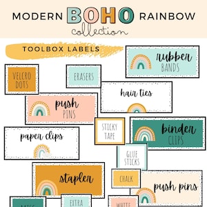 Modern Boho Rainbow Teacher Toolbox Labels [editable]