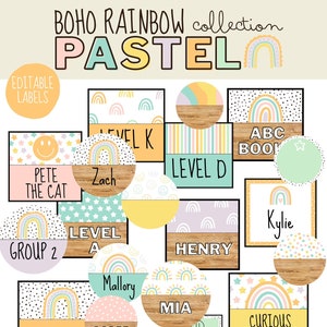 Pastel Boho Rainbow Classroom Labels [editable]