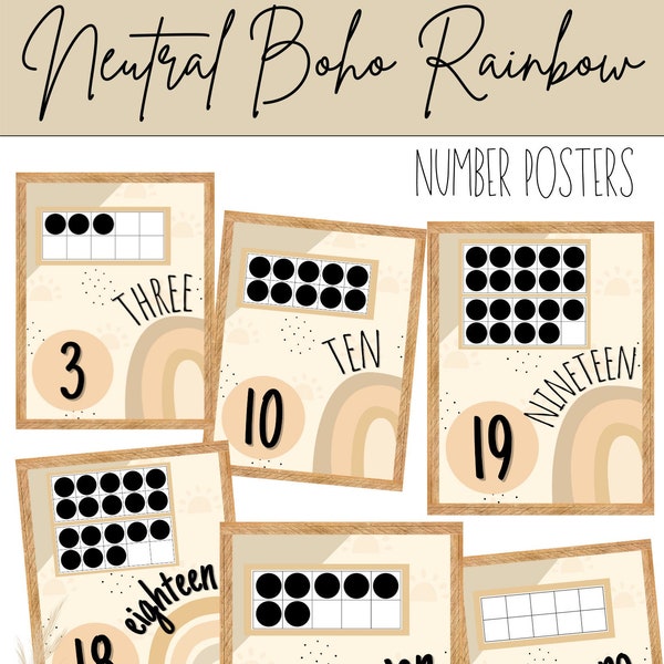 Neutral Boho Rainbow Classroom Number Posters