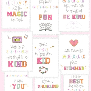 May include: A collection of nine colorful art prints with inspirational quotes. Each print features playful typography and illustrations, including a rainbow, heart, and disco ball. The quotes are designed to encourage kindness and positivity.