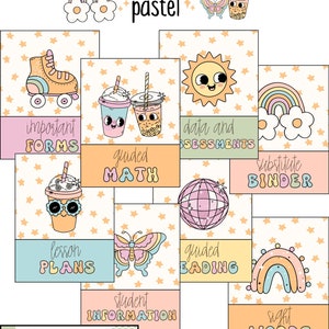 May include: A set of pastel colored printable classroom organization labels with cute illustrations. The labels include: important forms, guided math, data and assessments, substitute binder, lesson plans, student information, guided reading, sight words.