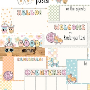 Könnte beinhalten: Ein Satz druckbarer Klassenzimmerposter im groovy-pastellfarbenen Design. Die Poster zeigen Texte wie "Hallo!" "Guten Morgen!" "Willkommen im Kindergarten!" und "Erinnerungen: Zentren". Die Poster zeigen auch Illustrationen eines Regenbogens, Sterne, Blumen, einer Discokugel, Rollschuhen und einer Blase.