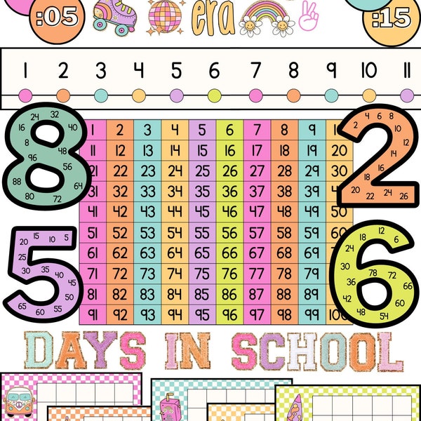 Disco Eras Math Classroom Displays [100/120 chart, ten frames, skip counting, clock numbers]