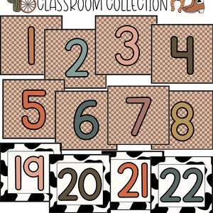 May include: Wild Wild West classroom collection number cards with a brown and white checkered pattern and a black and white cow print pattern. The numbers 1 through 22 are displayed on the cards.