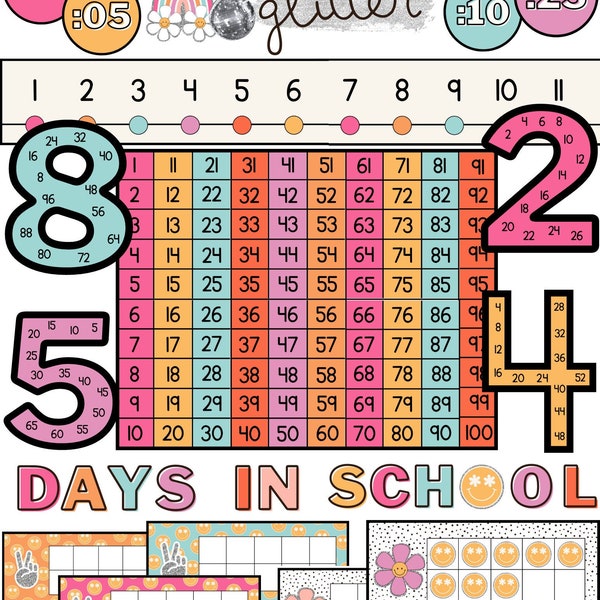 Groovy Glitter Math Classroom Displays [100 chart, ten frames, skip counting, clock numbers]