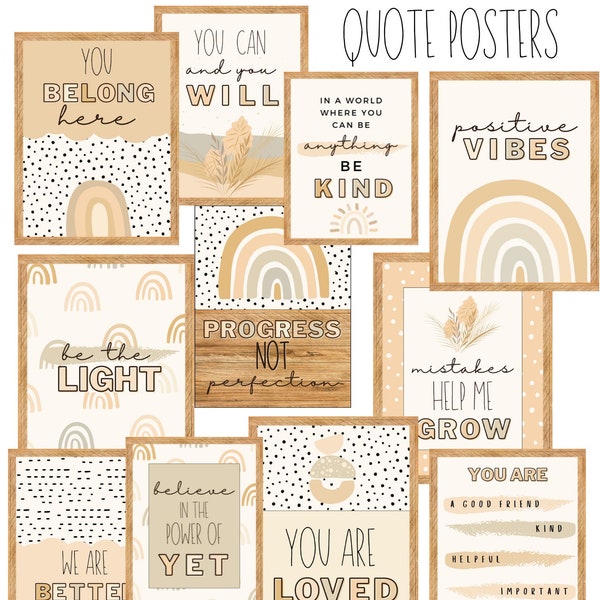 Neutral Boho Rainbow Classroom Motivational Quote Posters