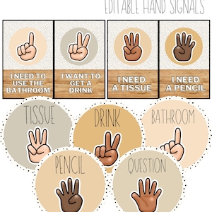 Neutral Boho Rainbow Hand Signals Classroom Posters [editable]