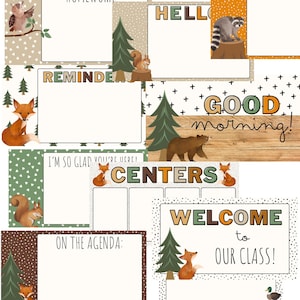 Puede incluir: Un póster temático para el aula con un diseño de bosque. El póster presenta varios cuadros de texto con títulos como "Tarea" y "¡Bienvenido a nuestra clase!" con ilustraciones de animales del bosque como zorros, búhos y mapaches. La paleta de colores incluye verdes, marrones y naranjas.