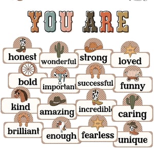 May include: A set of 16 colorful printable classroom posters with a Wild Wild West theme. The posters feature various positive affirmations, such as "honest", "strong", "loved", "bold", "important", "successful", "funny", "kind", "amazing", "incredible", "caring", "brilliant", "enough", "fearless", and "unique".