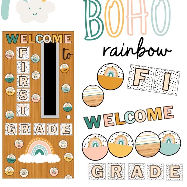 Modern Boho Rainbow Classroom Door Display [editable]