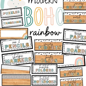 Modern Boho Rainbow Classroom Supplies Labels [editable]