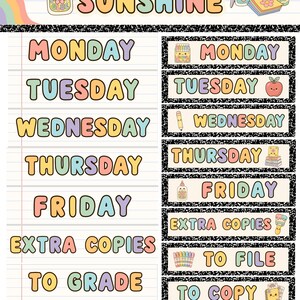 May include: A School of Sunshine classroom organisation set featuring pastel-coloured labels for days of the week and tasks like Extra Copies, To Grade, and Sub Plans. The design includes school supply icons on a lined paper and black speckled background.