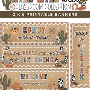 Puede incluir: Un conjunto de pancartas imprimibles para el aula con temática del Lejano Oeste y bordes a cuadros marrones. Las pancartas muestran textos como Howdy second grade, these BOOTS are made for LEARNING, WELCOME back to school y giddy up, let's LEARN.