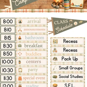May include: A classroom schedule chart featuring a camping theme with pennants labeled Happy Camper and Class Schedule. The chart includes time slots from 8:00 to 12:30 with activities like arrival, breakfast, and reading, accompanied by icons of camp gear.