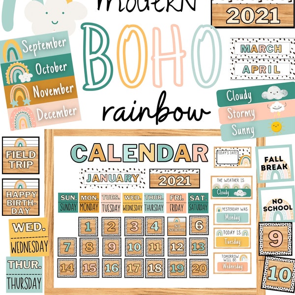 Moderner Boho Regenbogen Interaktiver Klassenzimmer Kalender [editable]