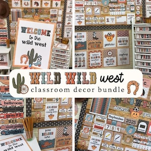 Peut inclure: Un ensemble de décoration de classe sur le thème du Far West comprenant des affiches, des étiquettes et des éléments de calendrier. Le kit inclut des graphismes de cactus, fers à cheval, bottes de cow-boy et visages souriants aux tons sourds.