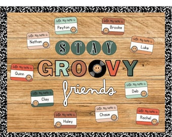 May include: A wooden sign featuring the words "GROOVY VINTAGE" and "STAY GROOVY friends" in vibrant, retro lettering. The sign includes name tags with smiley faces and a vintage record and cassette tape graphic.