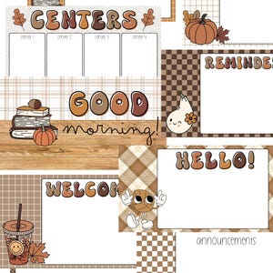 May include: A fall-themed planner page with the words "CENTERS", "GOOD morning!", "WELCOME", "HELLO!", "AGENDA", "REMINDERS", and "announcements". The design includes pumpkins, leaves, books, and a cartoon coffee cup.