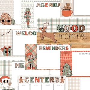 May include: A festive Christmas-themed planner page with various decorative elements. It features illustrations of a reindeer, elf, gingerbread man, and Santa Claus. Text includes "AGENDA", "GOOD MORNING!", "REMINDERS", and "CENTERS". The color palette includes green, red, and beige.