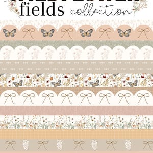 Op de afbeelding: Een verzameling decoratieve papieren stroken met een bloemig thema. Het ontwerp bevat vlinders, strikken en bloempatronen in tinten beige, roze en groen. De tekst "WILDFLOWER fields collection" staat bovenaan.