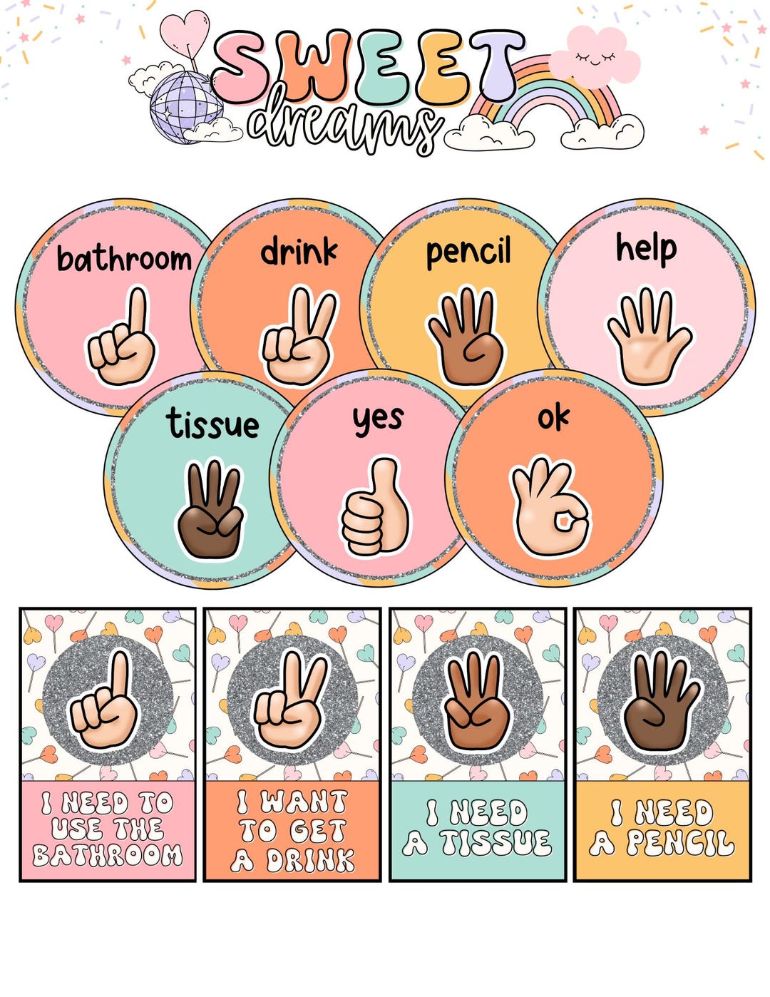 Sweet Dreams Hand Signals Classroom Posters [editable] - Etsy