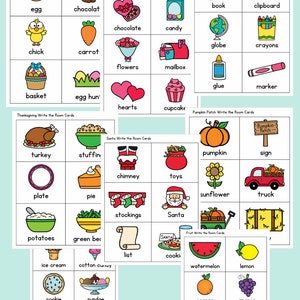 May include: A set of printable write the room cards for various holidays and themes, including Easter, Valentine's Day, Thanksgiving, Christmas, school supplies, pumpkin patch, and fruit. Each card features a colorful illustration and a word to match.
