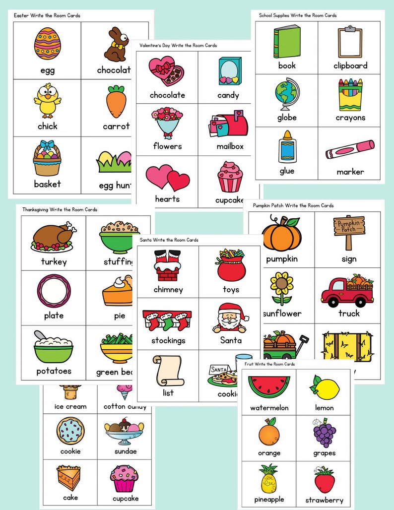 May include: A set of printable write the room cards for various holidays and themes, including Easter, Valentine's Day, Thanksgiving, Christmas, school supplies, pumpkin patch, and fruit. Each card features a colorful illustration and a word to match.