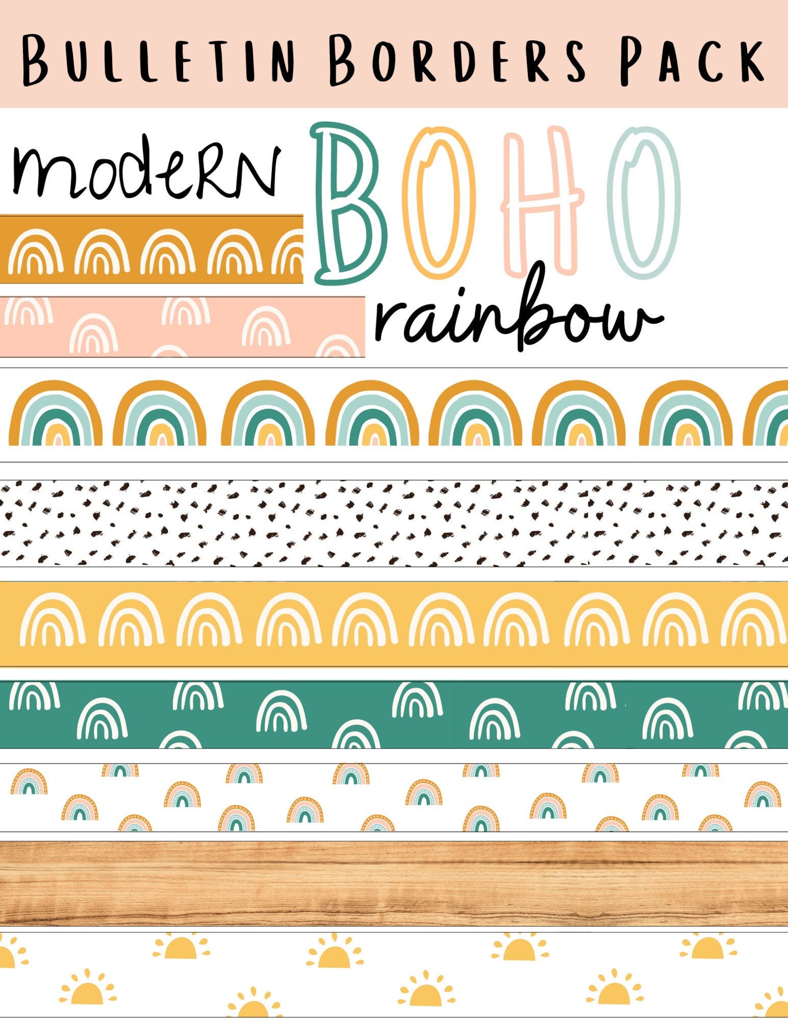 Modern Boho Rainbow Bulletin Board Borders Pack Etsy