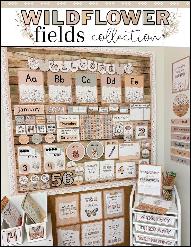 May include: A classroom bulletin board set titled Wildflower Fields Collection featuring alphabet cards, calendar elements, number charts, and motivational posters in muted earth tones with floral and butterfly illustrations on a wood-grain background.