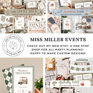 May include: A collection of party planning printables featuring themes like One Lucky Duck, All American Babe, Christian's Hole in One, and Ofishally One. The set includes banners, cupcake toppers, and invitation cards with various graphic designs.