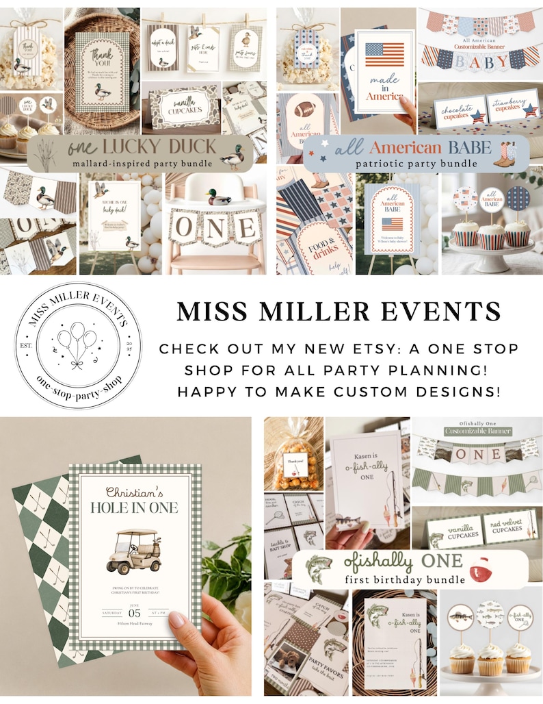 May include: A collection of party planning printables featuring themes like One Lucky Duck, All American Babe, Christian's Hole in One, and Ofishally One. The set includes banners, cupcake toppers, and invitation cards with various graphic designs.