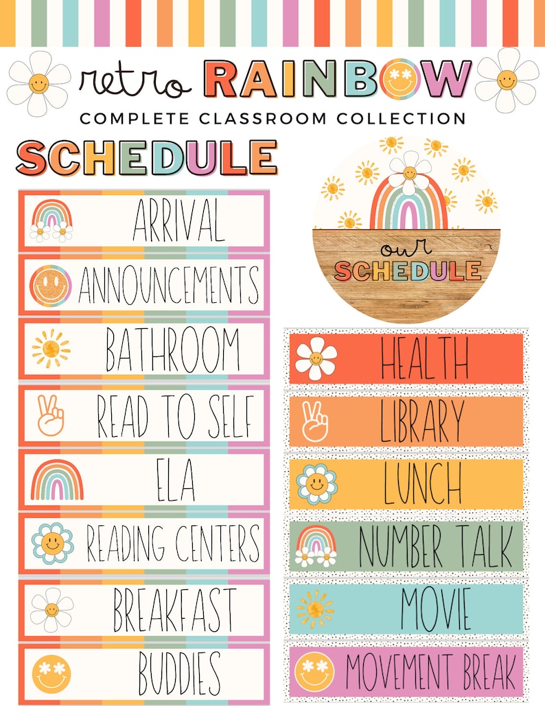 Retro Rainbow Classroom Schedule editable Etsy