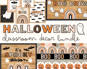 Puede incluir: Un conjunto de decoración de aula de Halloween imprimible con una variedad de diseños, que incluyen arcoíris, fantasmas, murciélagos, calabazas y el texto "BOO CREW".