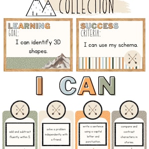 Puede incluir: Un conjunto de cuatro tarjetas coloridas con un tema de montaña. Cada tarjeta tiene un tema diferente: matemáticas, SEL, escritura y lectura. Las tarjetas tienen un marco de madera marrón y un fondo blanco con lunares marrones. El texto en las tarjetas está en blanco y negro. Las tarjetas están tituladas "Puedo" y cada tarjeta tiene un objetivo de aprendizaje diferente.
