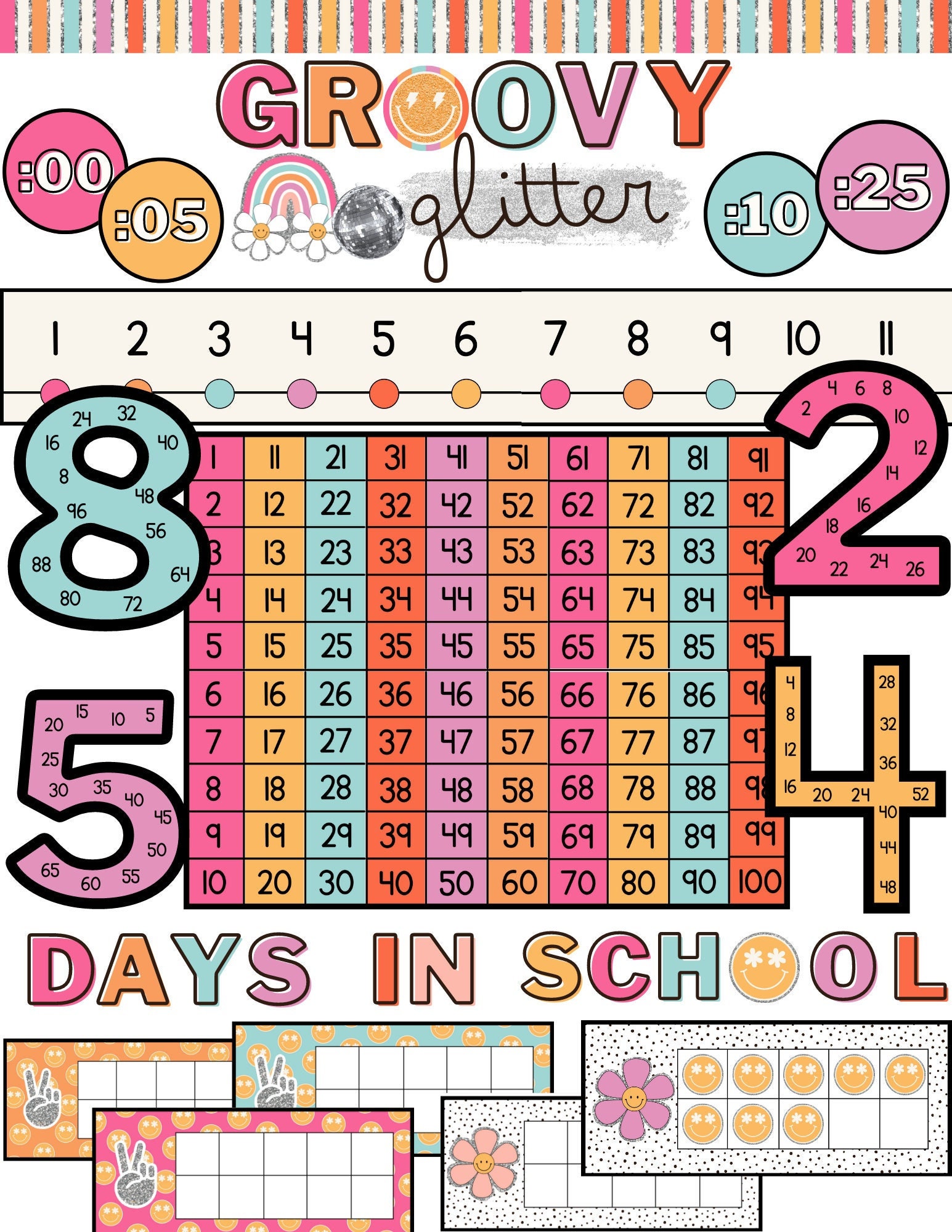 Groovy Glitter Math Classroom Displays [100 Chart, Ten Frames, Skip ...