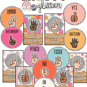 Groovy Glitter Hand Signals Classroom Posters [editable]