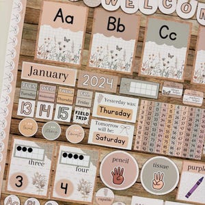 May include: A classroom bulletin board set featuring alphabet cards, a calendar for January 2024, number charts, and motivational labels. The design uses a neutral color palette with floral illustrations, grid patterns, and bow accents.