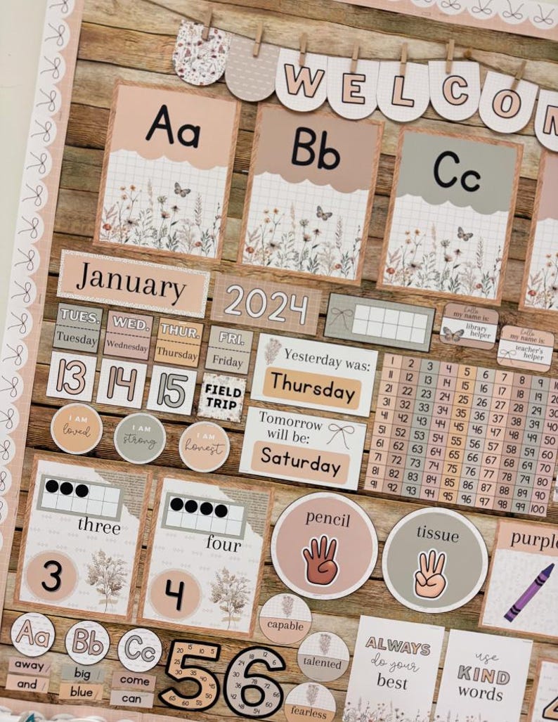 May include: A classroom bulletin board set featuring alphabet cards, a calendar for January 2024, number charts, and motivational labels. The design uses a neutral color palette with floral illustrations, grid patterns, and bow accents.