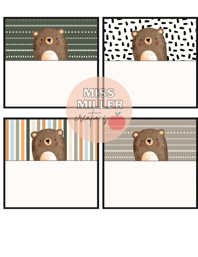 May include: Four printable gift tags featuring a brown bear peeking over the top of each tag. Each tag has a different background pattern: green with white geometric shapes, black and white polka dots, brown and white stripes, and brown with white geometric shapes.