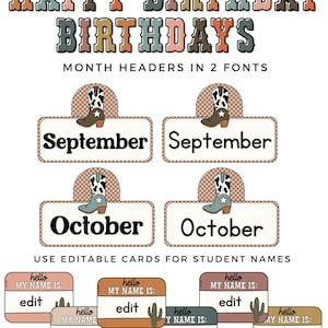 K&ouml;nnte beinhalten: Bearbeitbare Geburtstagskarten im Western-Stil. Die Karten zeigen ein Cowboy-Stiefel- und Kaktus-Design. Der Text auf den Karten lautet "Happy Birthday", "Birthdays", "September", "Oktober", "Hallo, mein Name ist:" und "Bearbeiten".