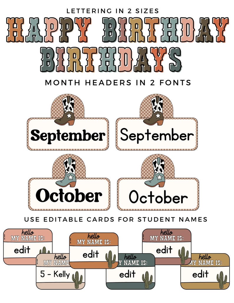 K&ouml;nnte beinhalten: Bearbeitbare Geburtstagskarten im Western-Stil. Die Karten zeigen ein Cowboy-Stiefel- und Kaktus-Design. Der Text auf den Karten lautet "Happy Birthday", "Birthdays", "September", "Oktober", "Hallo, mein Name ist:" und "Bearbeiten".