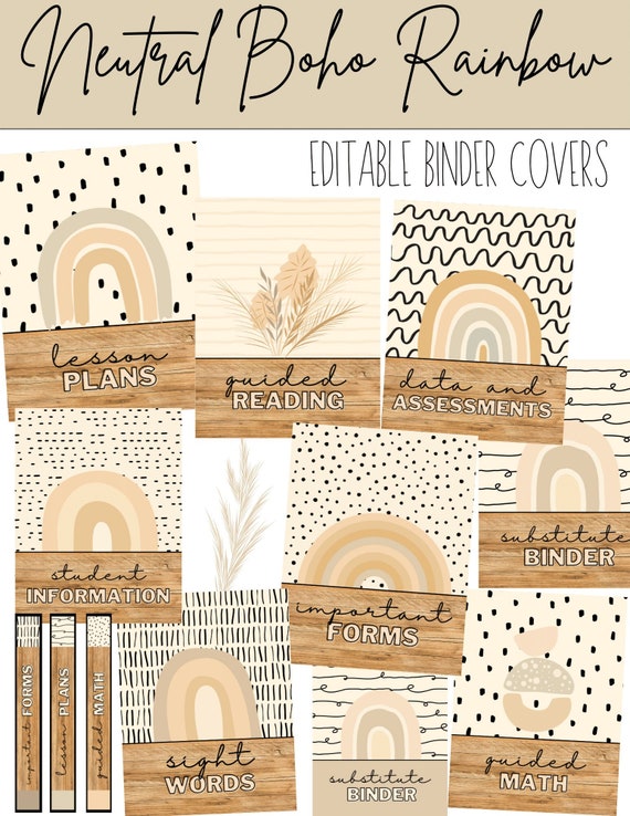 Neutral Boho Rainbow Binder Covers editable Etsy