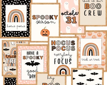 May include: Set of ten printable Halloween classroom posters featuring various spooky and cute designs. The posters include rainbows, ghosts, bats, pumpkins, and text such as "Hocus Pocus", "Spooky Season", "Trick or Treat", and "This is our Boo Crew".