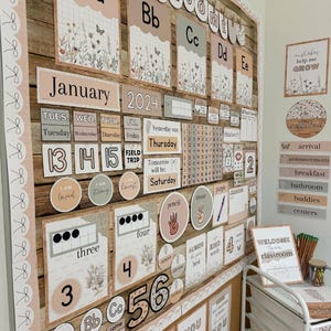 May include: A classroom bulletin board set featuring a neutral color palette with floral and butterfly illustrations. The display includes alphabet cards, a calendar for January 2024, number charts, daily schedule labels, and motivational signs with text.